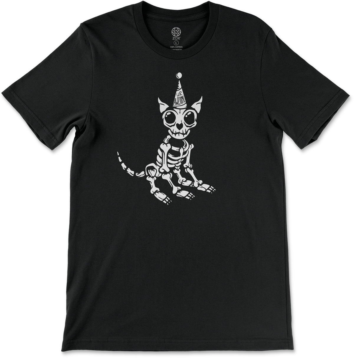 This is a reward item, do not purchase. Black tshirt with a skeleton of a small dog. The dog is wearing a birthday hat that reads UR AWESOME. 