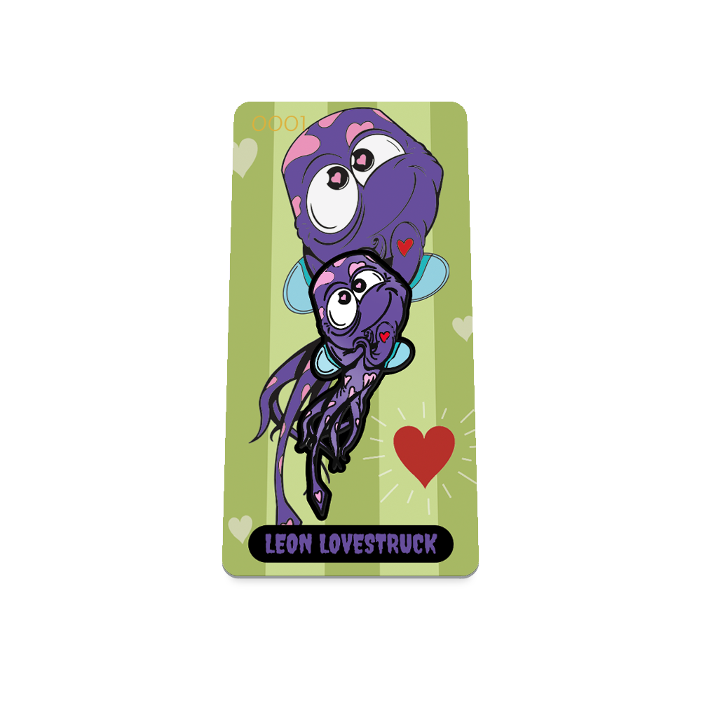 Product photo of the front of the collector’s of 2021 - Day 10 - Leon Lovestruck. It has a green background with two lighter shaded green stripes and repeating white hearts and one red heart displaying two purple monsters with pink hearts all over and one red heart and blue wings. Purple 'LEON LOVESTRUCK' text.
