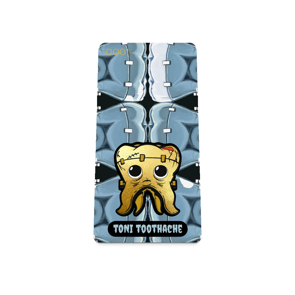 Product photo of the front of the collector’s of 2021 - Day 13 - Toni Toothache. It has a black background with repeating light blue x-ray teeth and one gold Frankenstein-like tooth with a pouting face. Light blue 'TONI TOOTHACHE' text.