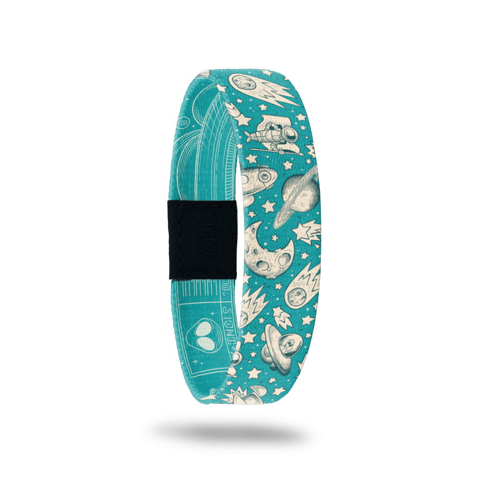 Accept The Challenge-Sold Out - Singles-ZOX - This item is sold out and will not be restocked. Teal background with space images in a vintage drawing style. Images include Saturn, astronaut, meteor, moon, rocket.