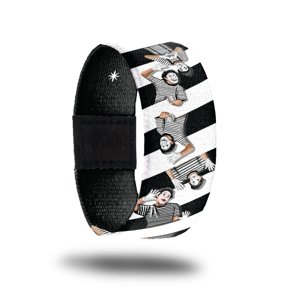 Actions Speak Louder Than Words-Sold Out-ZOX - This item is sold out and will not be restocked. Black and white zig zag lines.  Has an image of a Mime with black and white striped shirt, face paint, black hat and making various faces. 