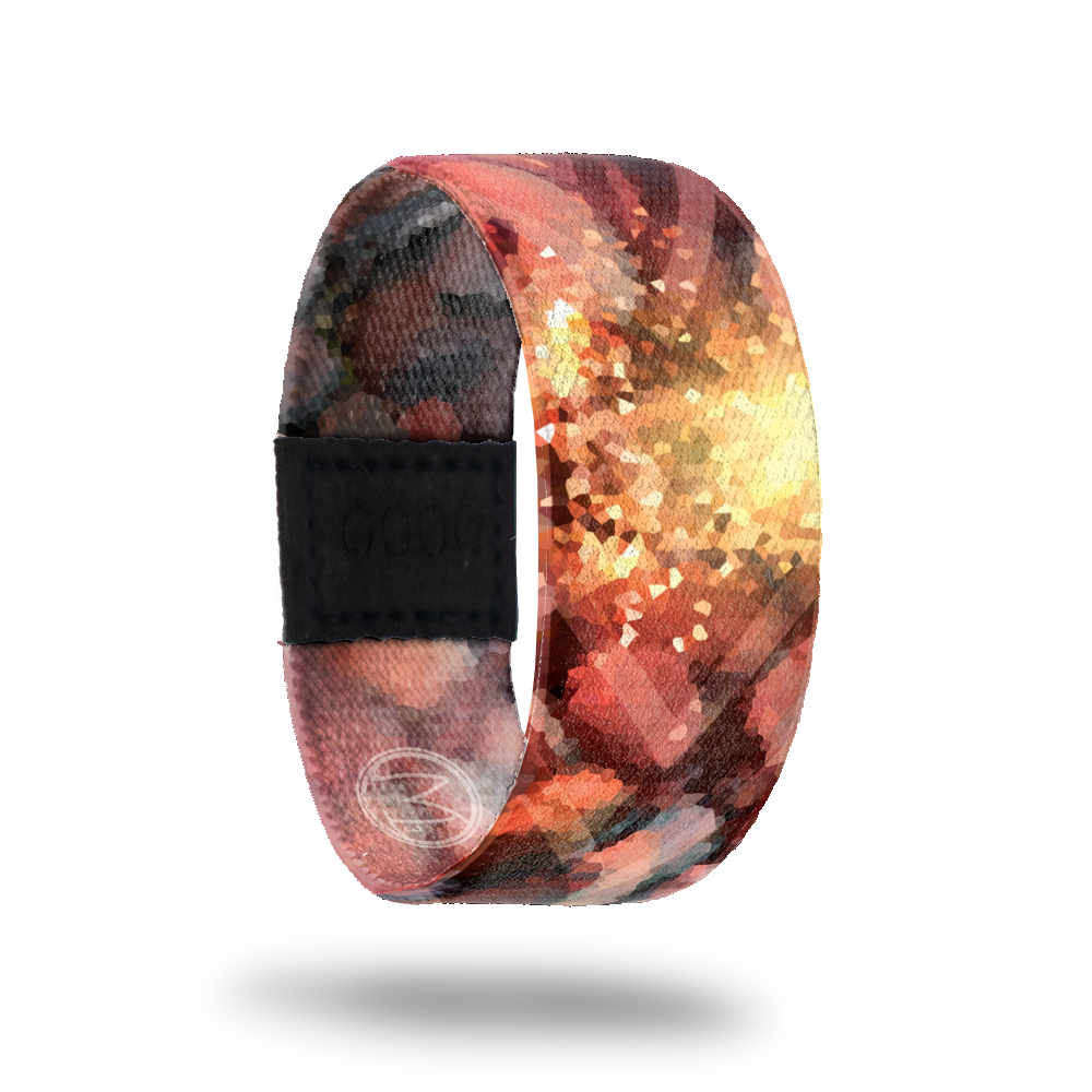 Afterglow-Sold Out-ZOX - This item is sold out and will not be restocked. Orange, red and yellow pixelated abstract design. The inside is the same and reads AfterGlow.