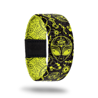 Alien-Sold Out-ZOX - This item is sold out and will not be restocked. Black base with neon yellow drawings of an alien head, circles, dots, lines and eyes. The inside is the reverse colors and reads Alien. 