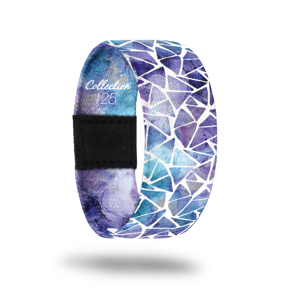 Another One-Sold Out-ZOX - This item is sold out and will not be restocked. Mosaic glass in purple and blue with a white background. Inside is the same and reads Another One. 