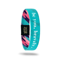 Inside Design of Be You, Bravely: teal background with black geometric designs added in and overlaying white bold text 'Be You, Bravely'