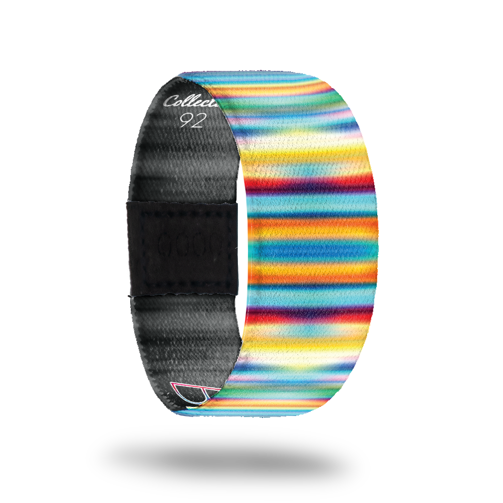 Be Yourself-Sold Out-ZOX - This item is sold out and will not be restocked. Multicolored horizontal lines all over with a blur over top. Inside is black and says Be Yourself. 