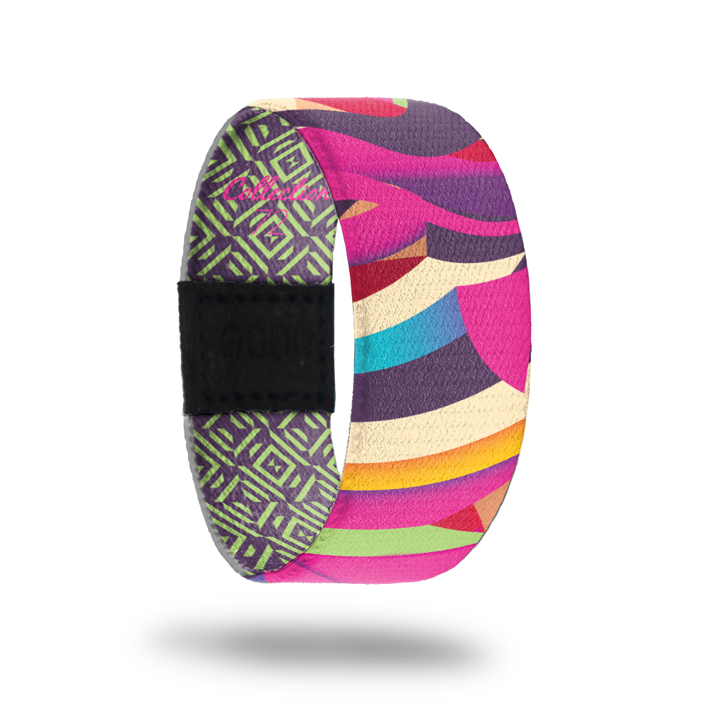Beyond-Sold Out-ZOX - This item is sold out and will not be restocked. Outside is various abstract lines in bright colors. Inside is lime green and dark purple checkers and reads Beyond. 