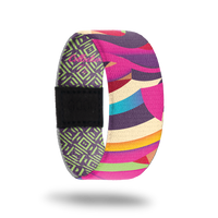 Beyond-Sold Out-ZOX - This item is sold out and will not be restocked. Outside is various abstract lines in bright colors. Inside is lime green and dark purple checkers and reads Beyond. 