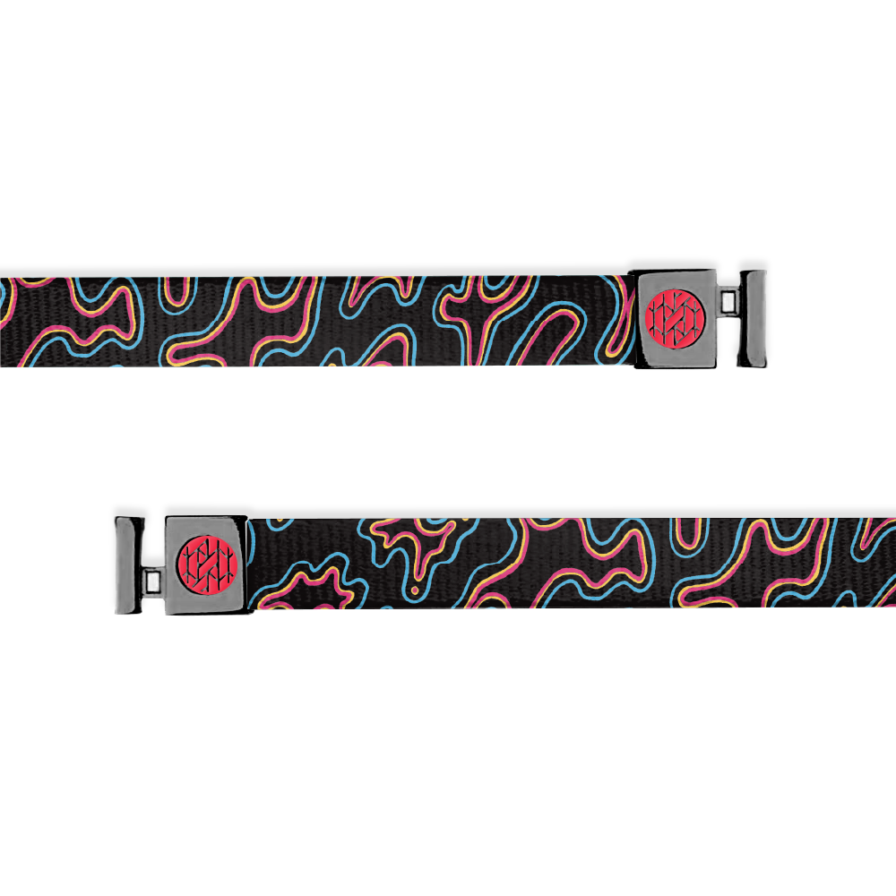 This is a hoodie string and only compatible with ZOX hoodies. The design is black with blue, hot pink and bright orange squiggles. It has gunmetal and red aglets.  
