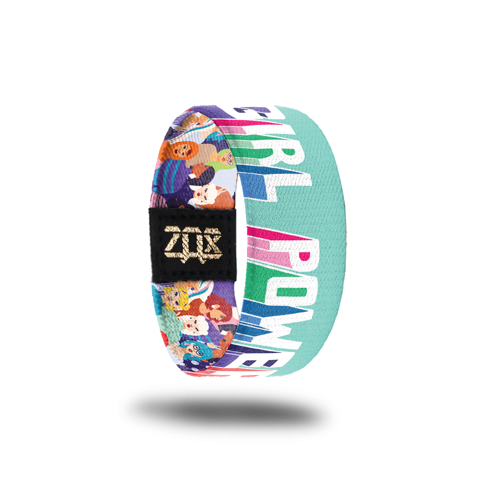 Inside Design of Girl Power (kids size): light blue background with bold white text that is shadowed with purple, pink, green, blue, and orange below