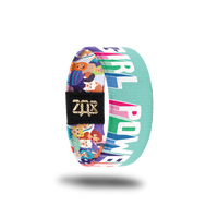 Inside Design of Girl Power (kids size): light blue background with bold white text that is shadowed with purple, pink, green, blue, and orange below