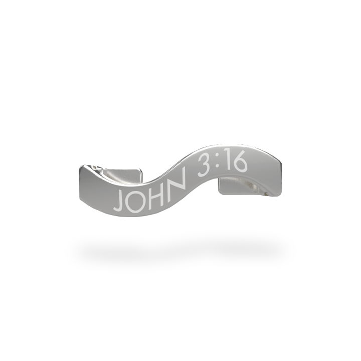This is a charm that fits ZOX single wristbands, lanyards and hoodie strings only. It is made from stainless steel and is silver in color. The words JOHN 3:16 are etched in the metal.