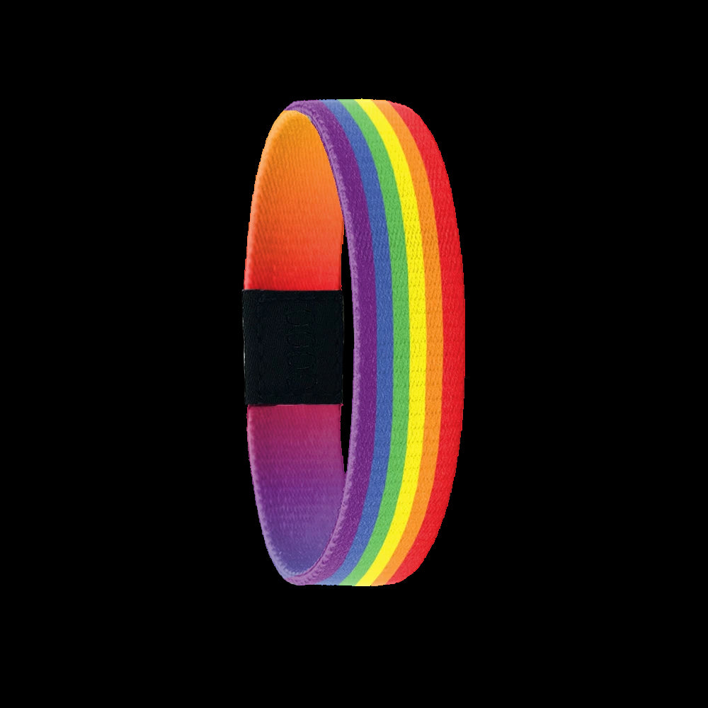 Single wristband with a bright rainbow design. The insdie is gradient multicolored and says Love Wins. 
