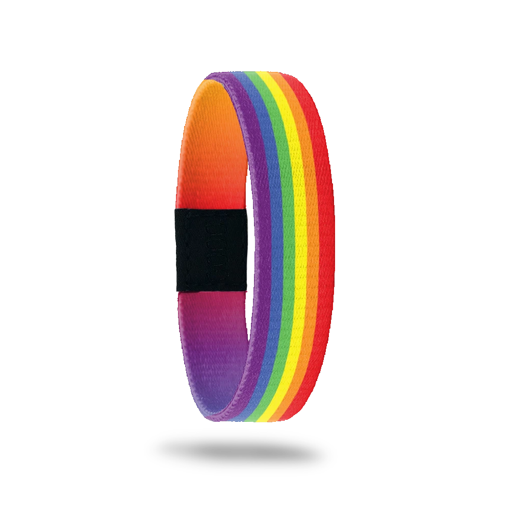 Single wristband with a bright rainbow design. The insdie is gradient multicolored and says Love Wins. 