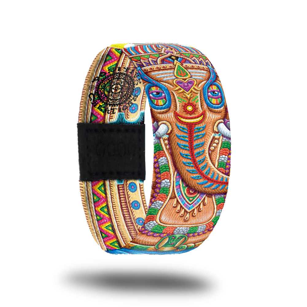 Outside design of No Worries, colorful front facing elephant in the unique style of artist Chris Dyer