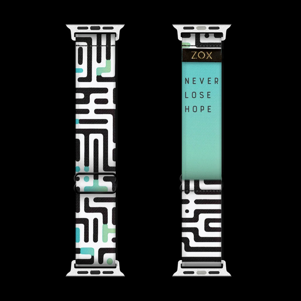 Watchband. This design has an underlying green and teal gradient effect with black and white maze on top. The inside is the same gradient and reads Never Lose Hope. Check out the size guide for compatible watches.