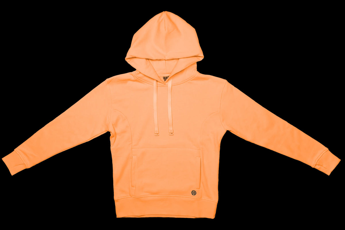 Product is a pullover hoodie with a kangaroo pocket. The color is bright orange. It comes with a matching orange ZOX hoodie string which can be changed out to any other ZOX hoodie string. 