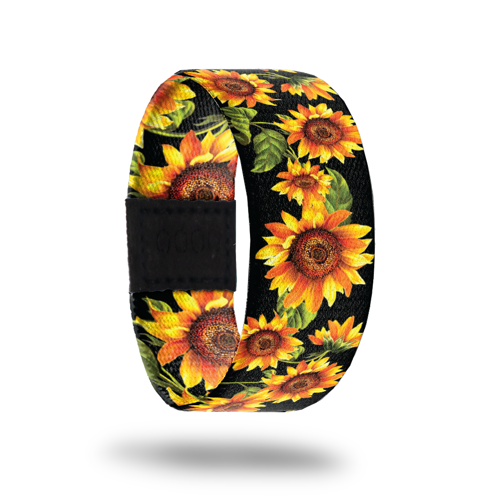 Outside Design of Radiate Positivity: black background with bright yellow sunflowers on their stems throughout