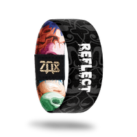 inside of the wristband with the type Reflect on it. Background is a black and white version of the hand drawn skulls