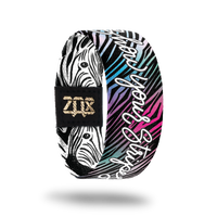 Inside desgin for Show Your Stripes. Colorful zebra pattern with blue, green, purple, and pink. Show Your Stripes centered in white text