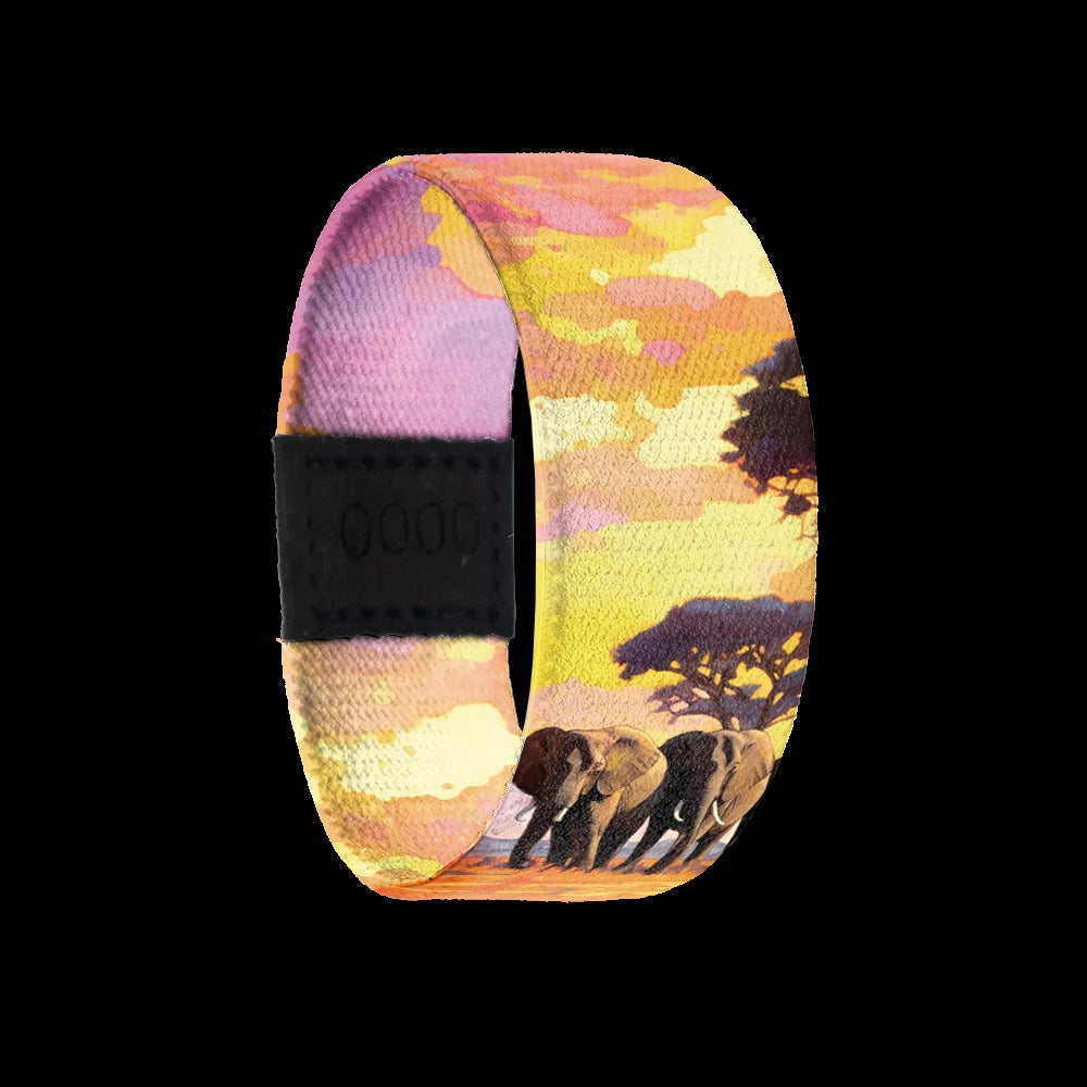 Outside is a pink, yellow and orange African sunset with elephants. Inside is the same sunset with "Strength in Unity" written. 