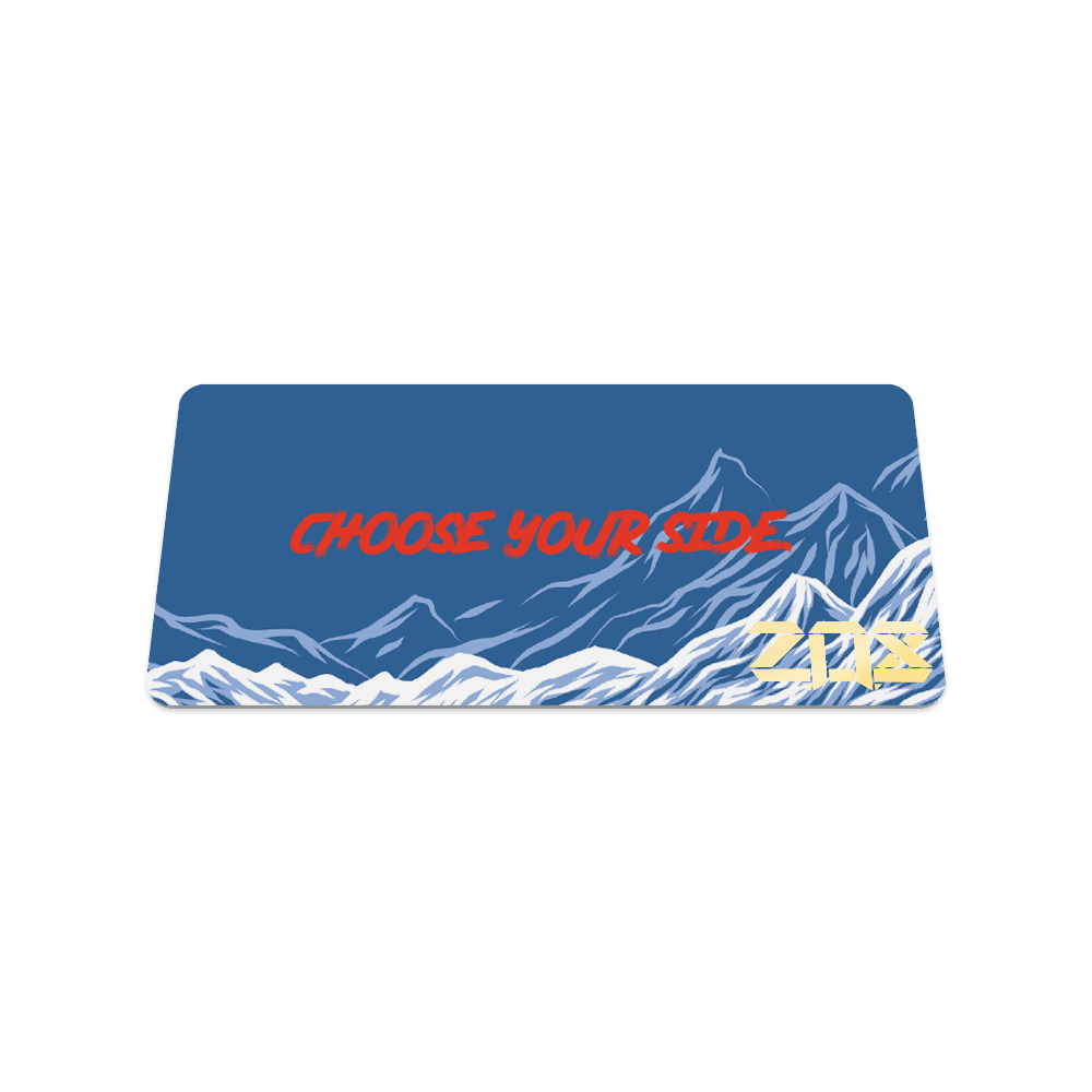 Back collector's card image of The One You Feed: blue background with white mountains and red text 'Choose your side'