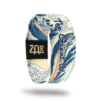 Inside Design of The Great Wave: shows the water of the classic The Great Wave painting by Katsushika Hokusai with white and dark blue text ‘The Great Wave’