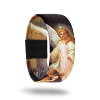 Outside design for Watch Over Me. Black background with a painted image of an angel watching over two young children