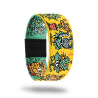 Outside design for Wild Life. Yellow background with illustrated animals and plants in artist Killer Acid's style