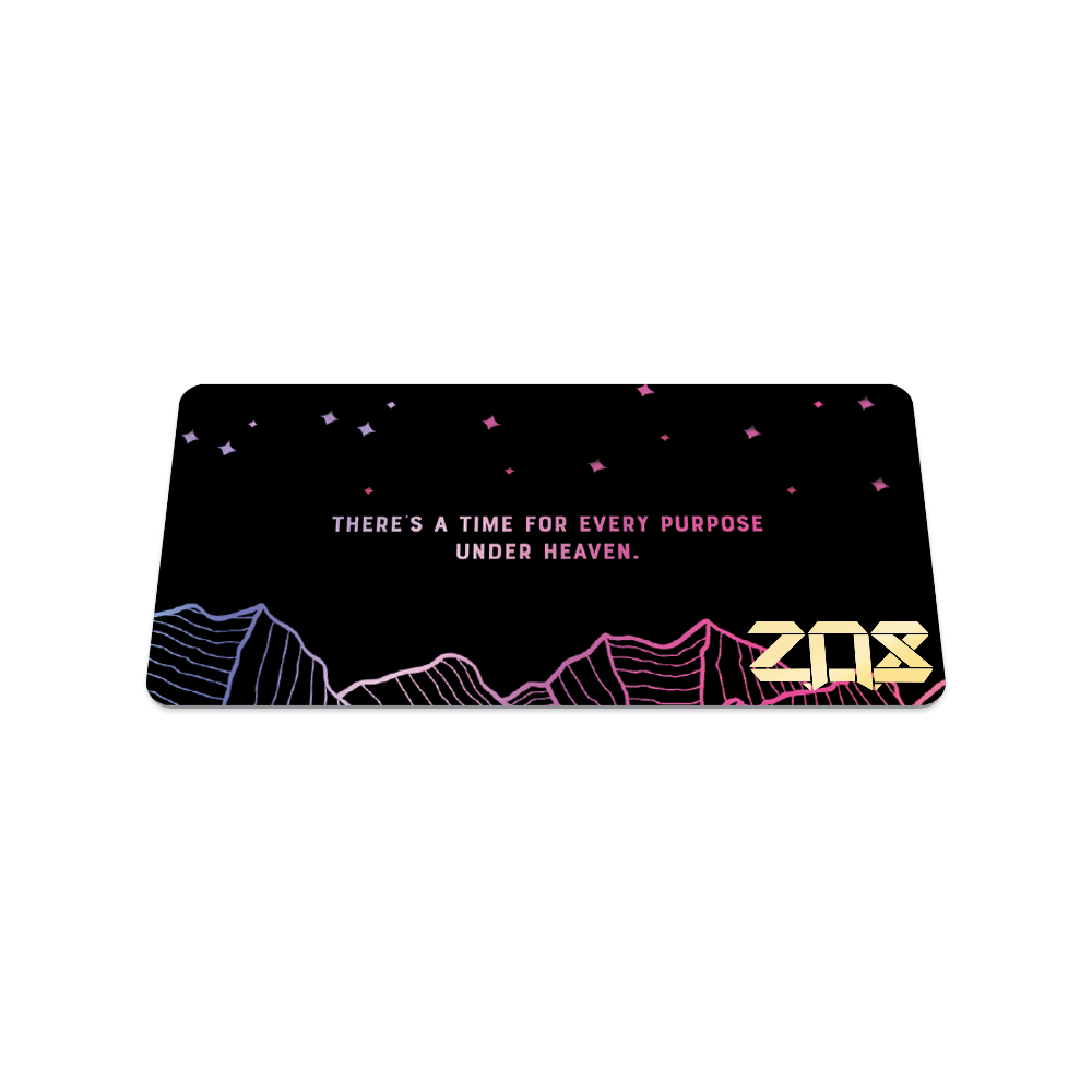 Product photo of the back of the ...yet card: black design with neon mountains and neon pink 'THERE'S A TIME FOR EVERY PURPOSE UNDER HEAVEN.' text