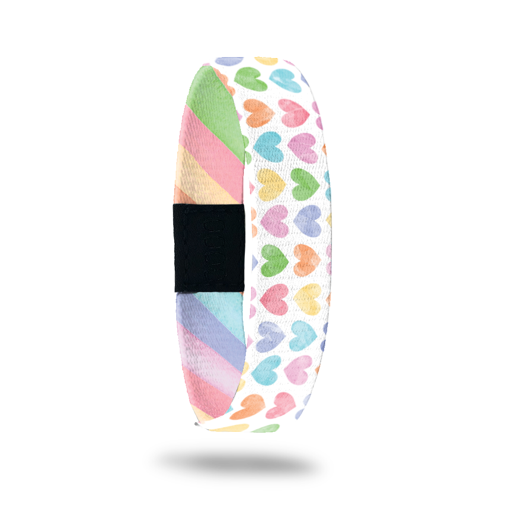 Product photo of outside design of live with love with rows of pastel orange, yellow, pink, green, purple, and blue gradient hearts over white background