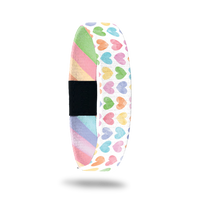 Product photo of outside design of live with love with rows of pastel orange, yellow, pink, green, purple, and blue gradient hearts over white background