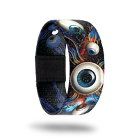 Space background with different colored eyeballs. Inside is the same in a monochromatic color and says All Eyes On Me. Comes with a matching lapel pin. 