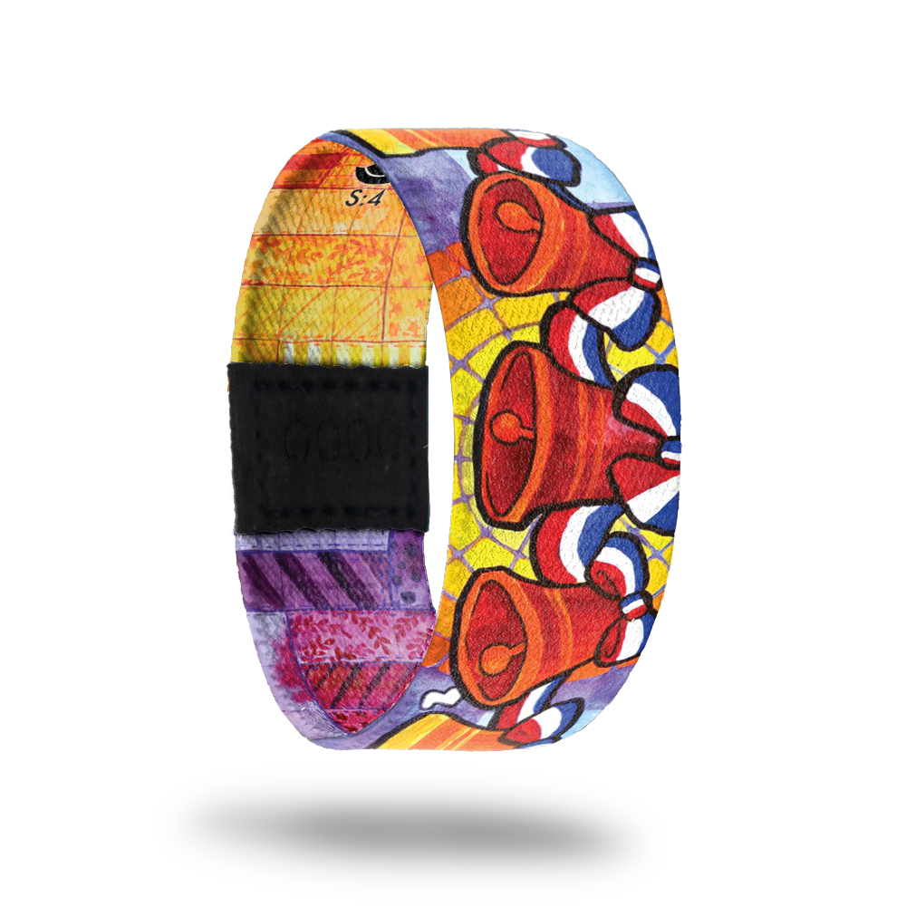 Are You Sleeping?-Sold Out-ZOX - This item is sold out and will not be restocked. Brightly colored yellow and orange sunset stained glass in the background. On top is red bells ringing. Inside is a patchwork design of orange, yellow and purple and says Are You Sleeping?. This is part of a mini collection. 