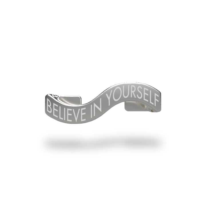 This is a charm that fits ZOX single wristbands, lanyards and hoodie strings only. It is made from stainless steel and is silver in color. The words BELIEVE IN YOURSELF are etched in the metal.