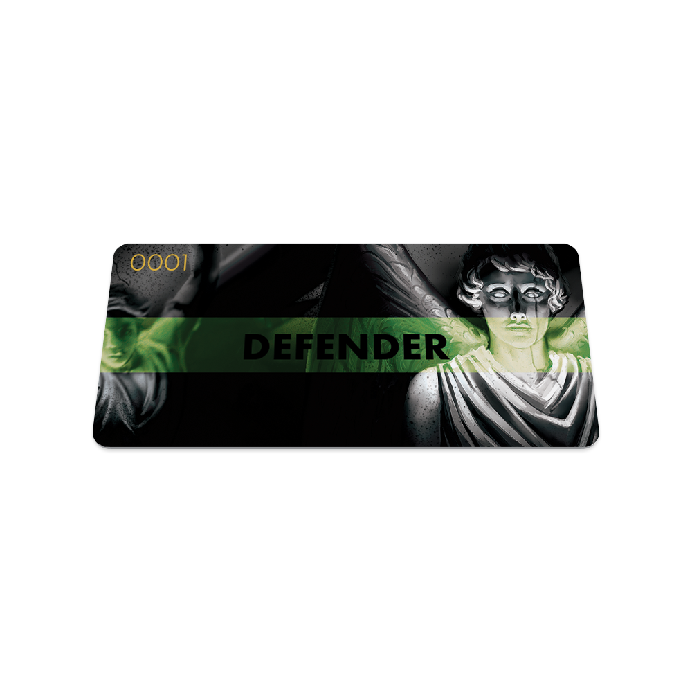 Front collector's card image of  Defender: gray scale statue of an angel in the center and two other angels next to the centered angel with a black background. With a green transparent line centered across the design and black text 'Defender'.