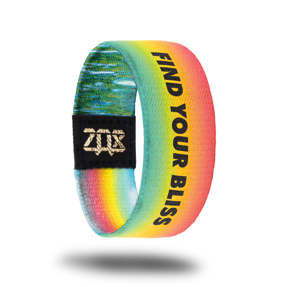Inside Design of of Find Your Bliss: rainbow design with black bold text saying ‘Find Your Bliss’