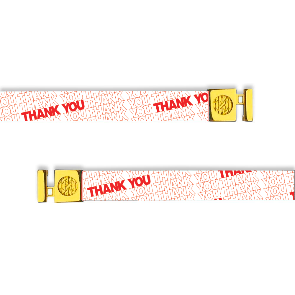Flat hoodie string. Design is a white background with "thank you" in all caps, outlined in red. Random "thank you" bold red to stand out. Inside reads "Have a nice Day" and aglets are gold. 
