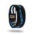Inside Design of Hold The Line. black background with blue single ribbon running along the center with Hold The Line in the ribbon in black