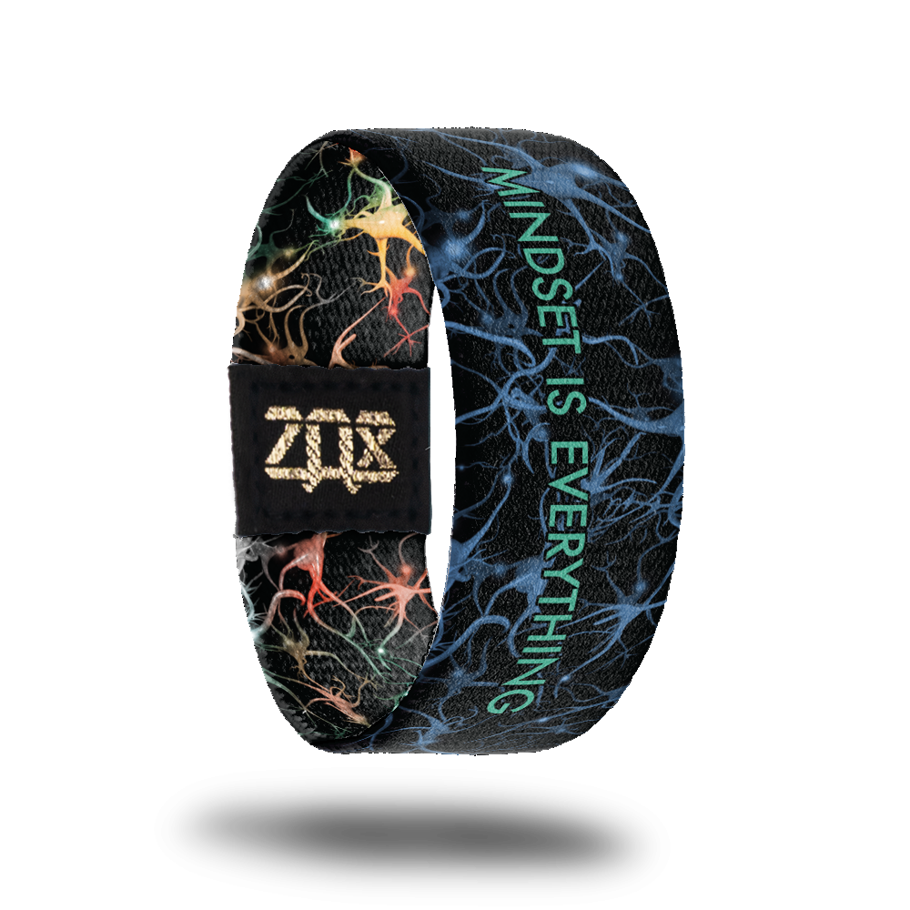 Inside design of Mindset Is Everything. Black background with neon blue  synapses across the design. The synapses are unique shapes that have thin and thick wavy lines attached to them. In the center is Mindset Is Everything in blue thin text.