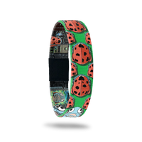 Green bracelet with prints of ladybugs all over. Comes with a matching pin of a monster ladybug that looks scared. 
