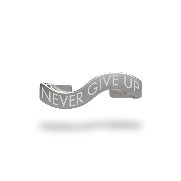 This is a charm that fits ZOX single wristbands, lanyards and hoodie strings only. It is made from stainless steel and is silver in color. The words NEVER GIVE UP are etched in the metal.