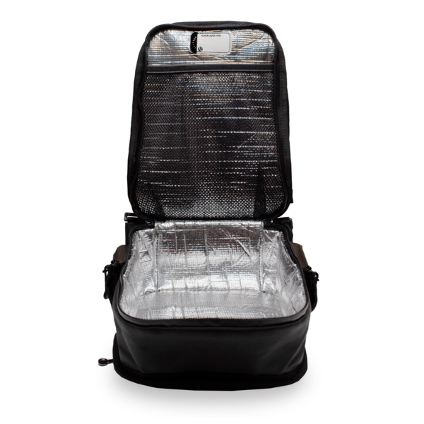 Product image of smaller backpack opened up showing the thermally insulated lining with separate lunchbox holder