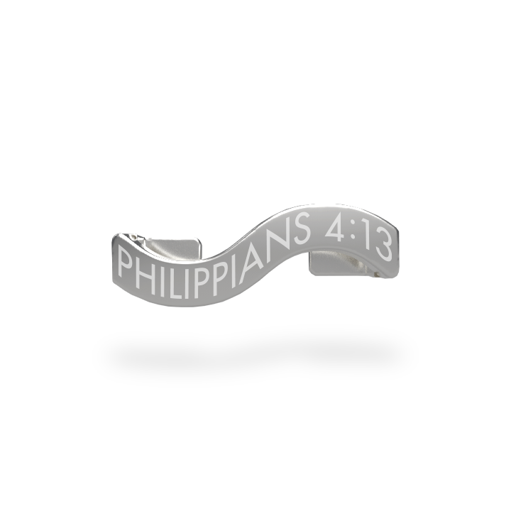 This is a charm that fits ZOX single wristbands, lanyards and hoodie strings only. It is made from stainless steel and is silver in color. The words PHILIPPIANS 4:13 are etched in the metal.
