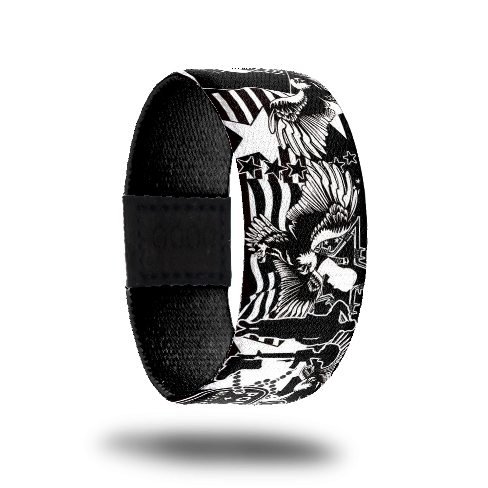 product image of the outside of a wristband design for POW MIA showing different military emblems  