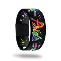 Outside design for Pride. Black background with Pride in bold and rainbow colored text in the center. Two rainbow colored drawn lighting bolts on either side of the text