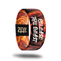 Inside design for Release The Beast. Red-orange with a zoomed in look of the drawn lion head roaring and Release The Beast in white text over the face in the center