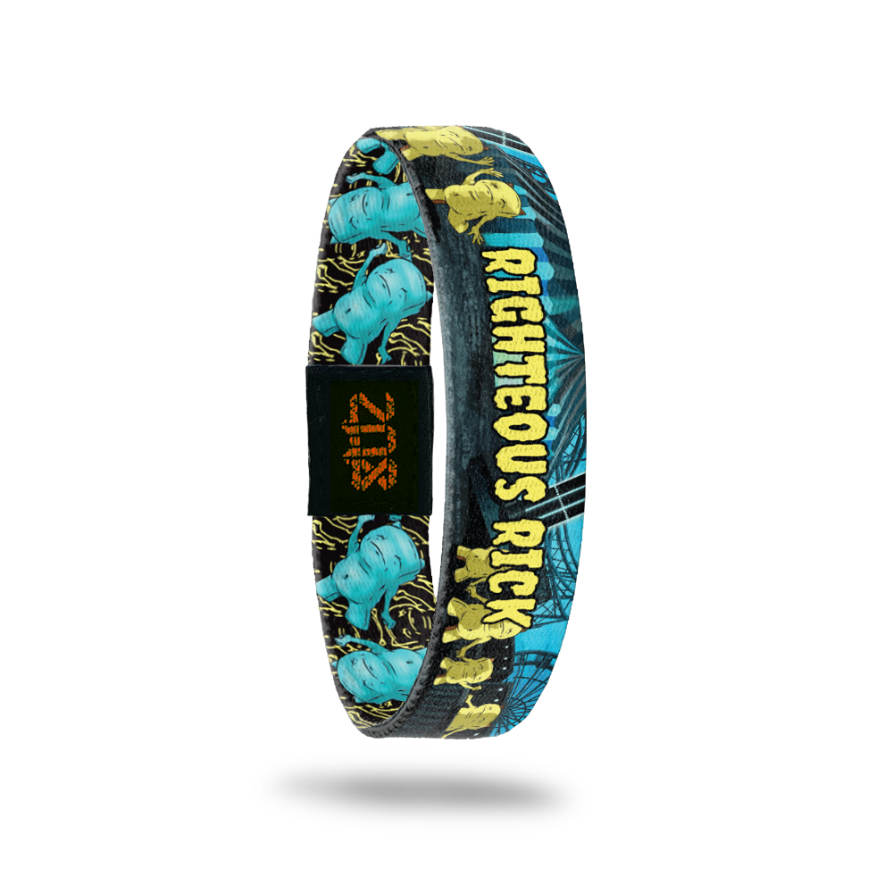 Product photo of the inside of 2020 - Day 9 - Righteous Rick: blue and black carnival background with yellow monsters with small horns and fist in the air and yellow "RIGHTEOUS RICK" text