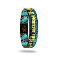 Product photo of the inside of 2020 - Day 9 - Righteous Rick: blue and black carnival background with yellow monsters with small horns and fist in the air and yellow "RIGHTEOUS RICK" text