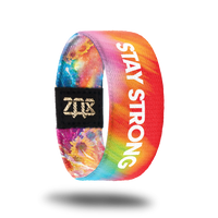 Inside design for Stay Strong. Blended background with red, light orange, a little green, and a little blue. Stay Strong is centered in white text